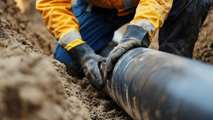 Construction worker laying polyethylene pipe for water or gas [magnific sept 2026] 